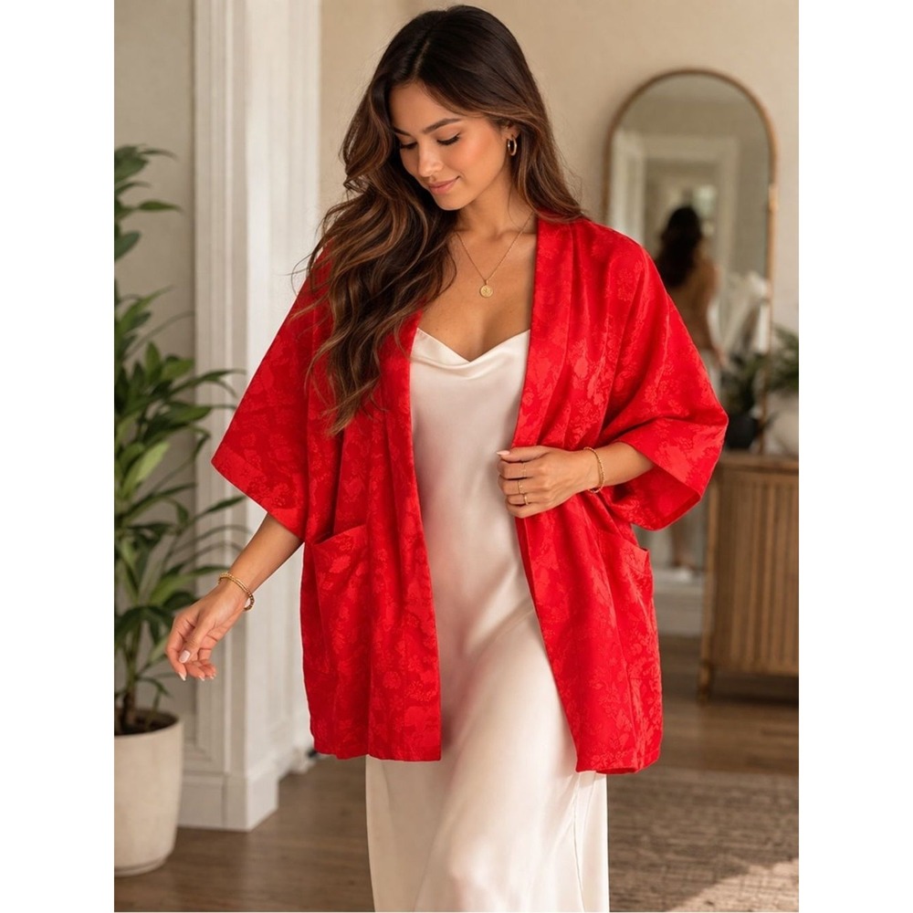 Vintage 100% Pure Silk Red Short Kimono Robe Pockets-Flower Embroidery- Size L‎